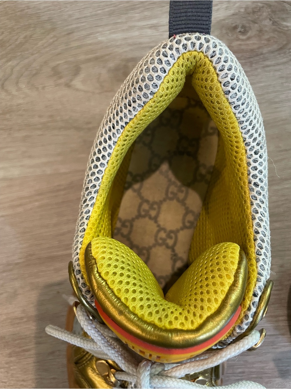 Gucci Metallic Gold, White & Tan Mesh Athletic Sneakers - Picture 9 of 13